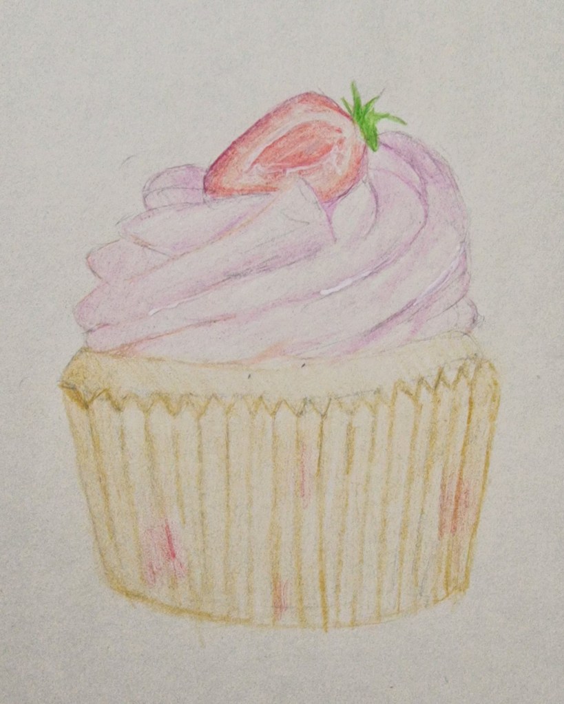 A hand-drawn cupcake with purple frosting and a strawberry on top, set against a light background.